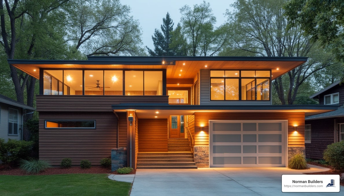 adding a garage to a mid century modern house