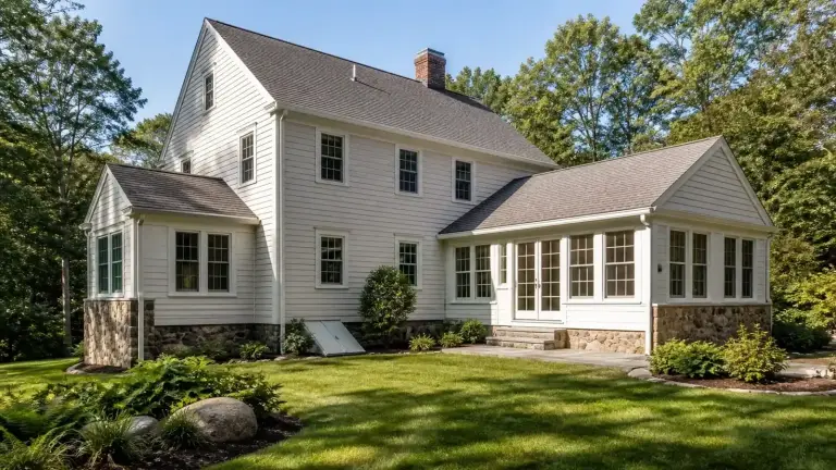 New England home showing a small bump-out and larger one-story addition