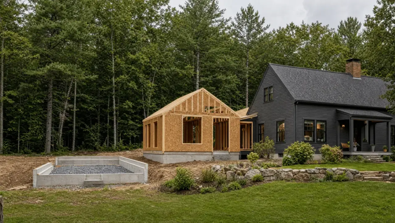 Home addition progressing from foundation through finished exterior in New Hampshire