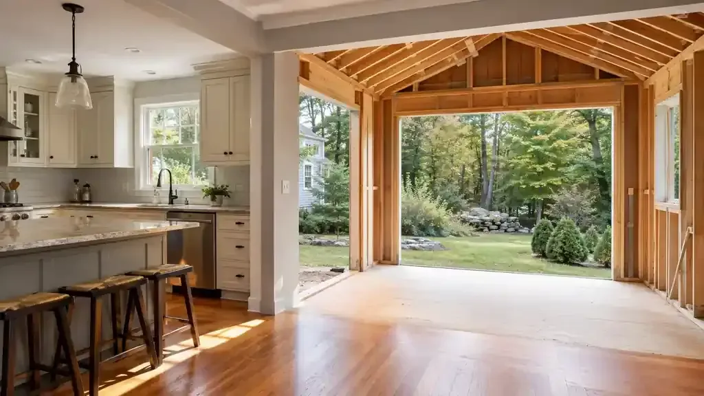 Existing kitchen opening into a framed addition in a Southern New Hampshire home