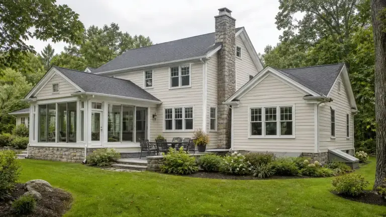 New England home with a glass-rich sunroom and conventional room addition
