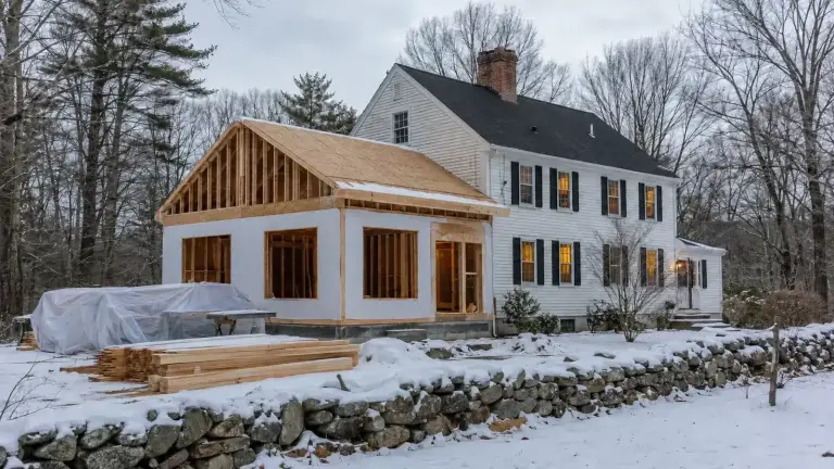 Winter home addition under construction beside a New England colonial in Southern New Hampshire