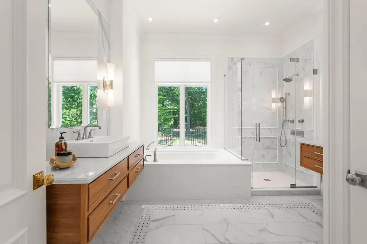 Spa-inspired primary bath, Andover MA custom home by Norman Builders