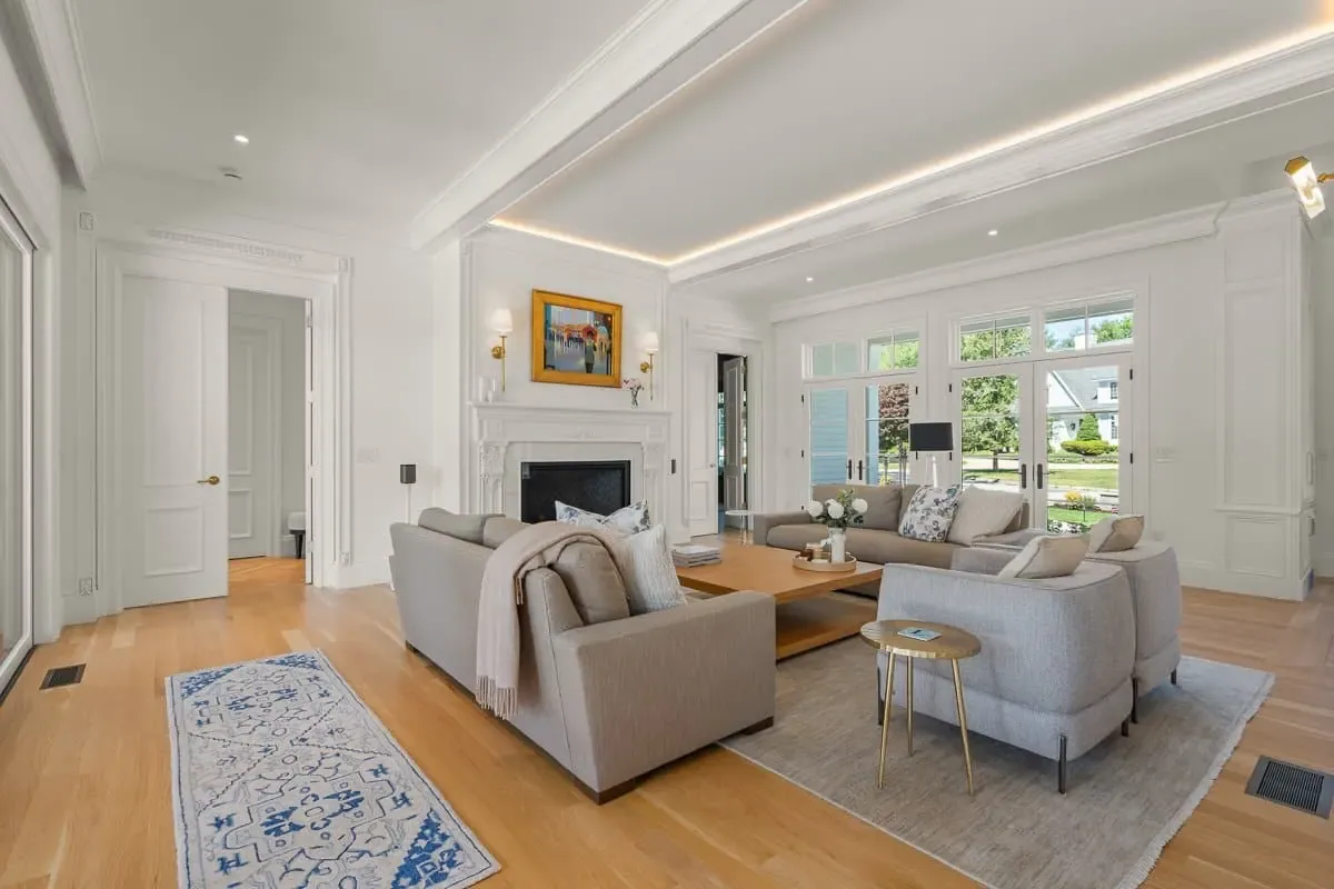 Great room, coffered ceiling, Andover MA custom home by Norman Builders