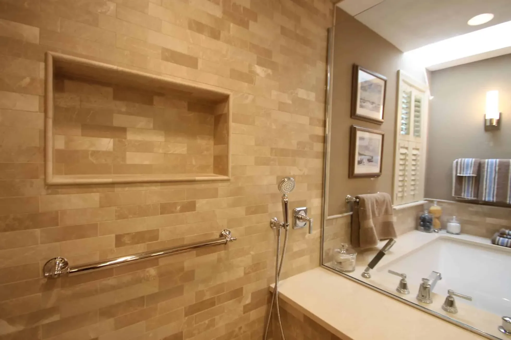 Long recessed stone niche above the soaking tub deck, Byfield MA bathroom