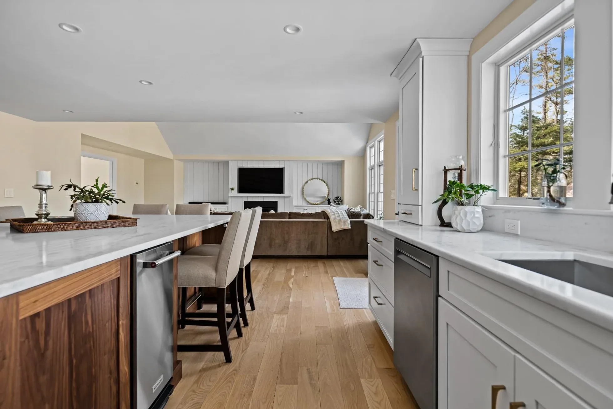 Kitchen counters and island looking into the family room