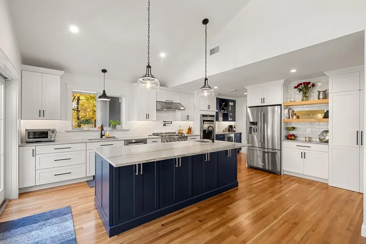 Navy island kitchen in a home addition, Andover MA