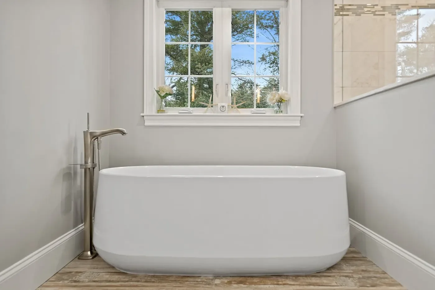 Primary bathroom with freestanding tub, Boxford MA
