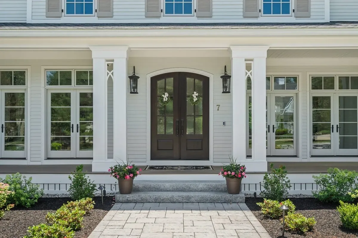 Covered entry of a new custom home, Andover MA