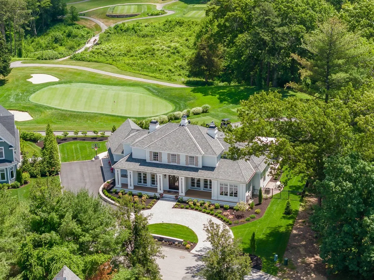 Aerial view of a custom home and grounds, Andover MA